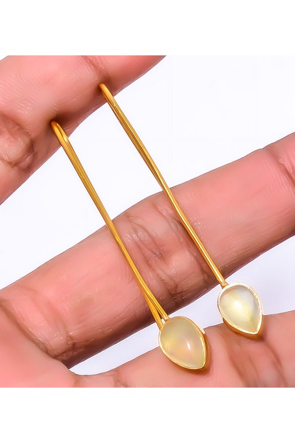 Prehnite Gemstone 925 Sterling Silver Handmade Gold Plated Earring 1.95" A360, Handmade Jewelry, Dangle Earring