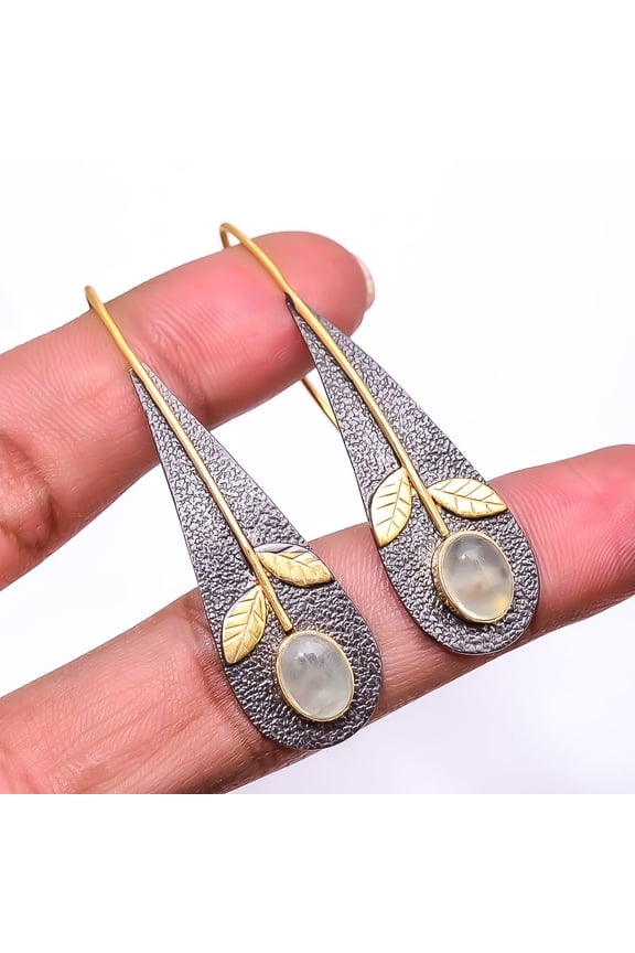 Prehnite - South Africa 925 Sterling Silver Black & Gold Rhodium Plated Earring 2.15" E40, Christmas Sale, Birthday Gift, Beautiful Jewelry For Woma