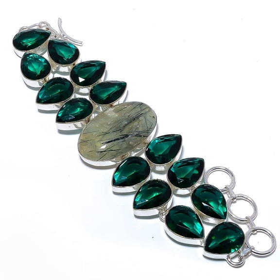 Prehnite Tourmalated & Emerald Quartz 925 Silver Plated Bracelet 7.99" T2717, Valentine's Day Gift, Birthday Gift, Beautiful Jewelry For Woman & Girls
