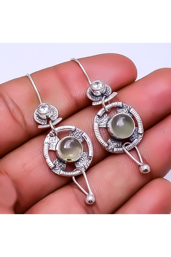 Prehnite & White Topaz Designer Handmade 925 Sterling Silver Earring 1.95" E34, Gemstone Silver Jewelry, New Year Sale, Valentin's Day Gift