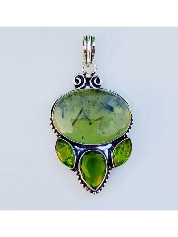 Prehnite With Peridot Gemstone Pendant 925 Sterling Silver Handmade Jewelry
