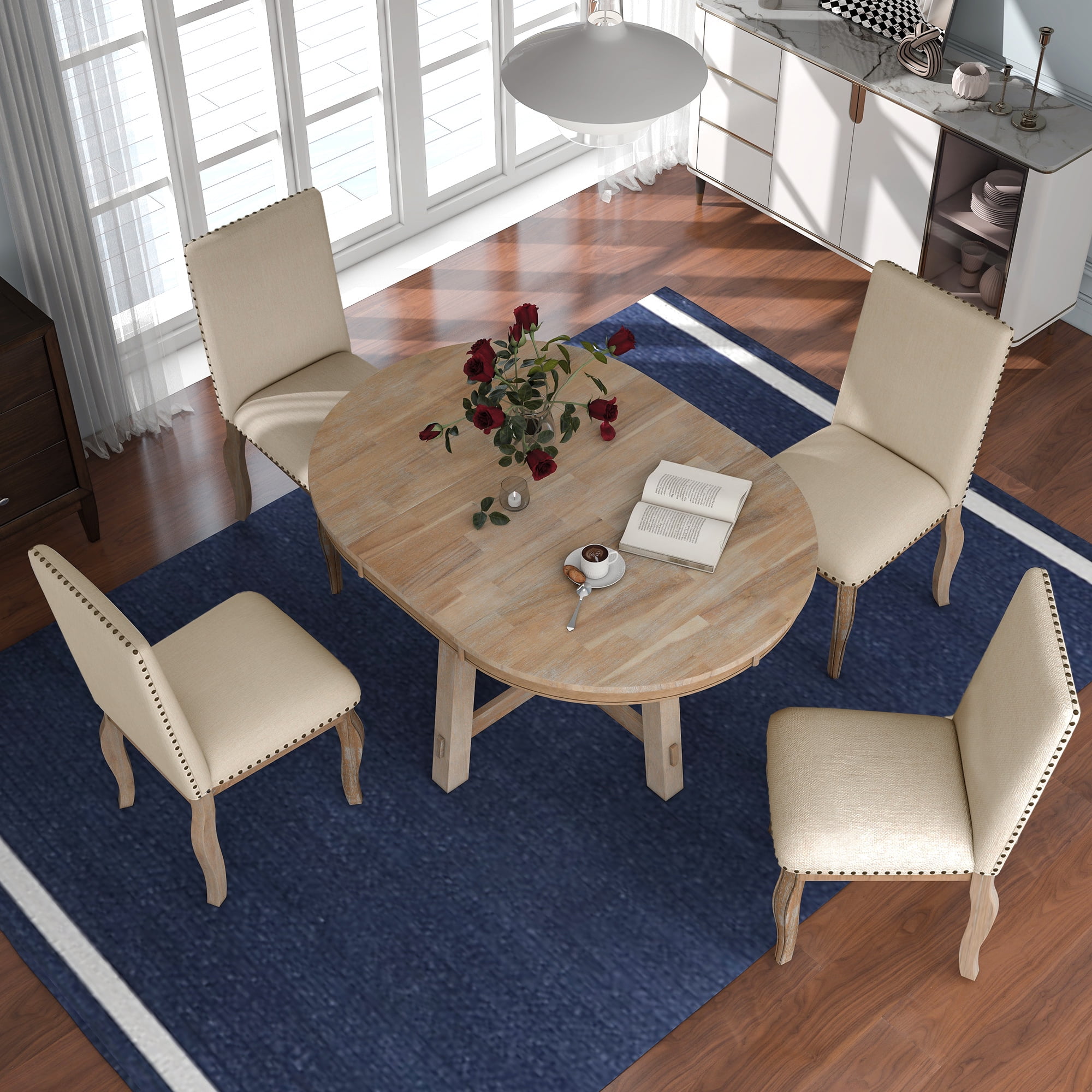 Prehome 5-Piece Farmhouse Dining Set, Round Extendable Wood Table with ...