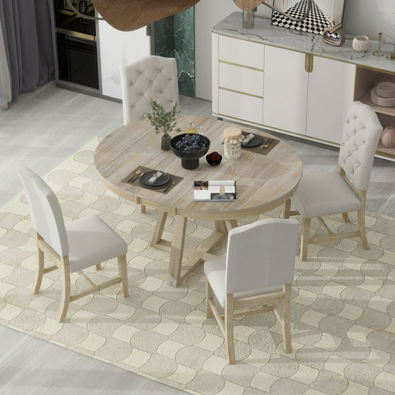 Prehome 5 Piece Round Dining Table Set, Dining Room Set with Extendable Table and 4 Cushioned Chairs, Wood Dining Table Set for 4, Farmhouse Dining Table Set for Kitchen Dining Room Apartment, Natural