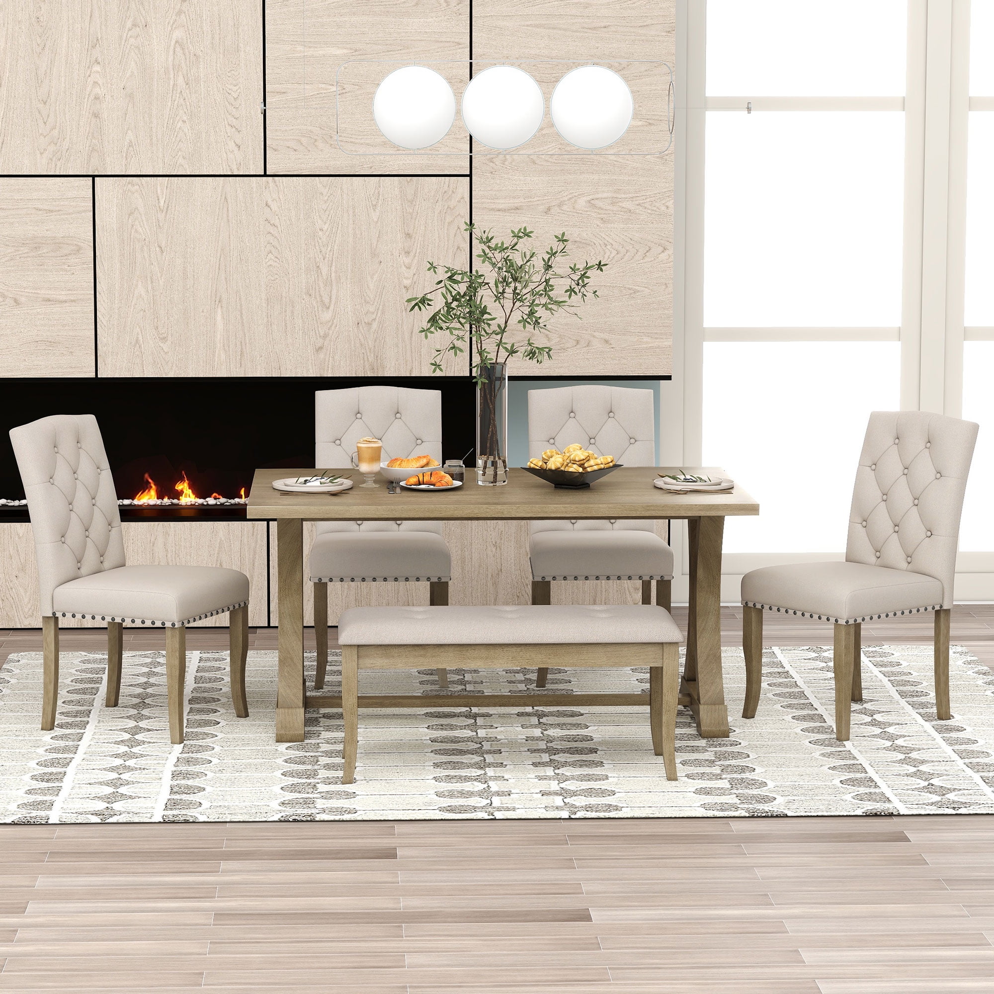 Prehome 6-Piece Dining Table Set, Wood Rectangular Trestle Dining Table ...