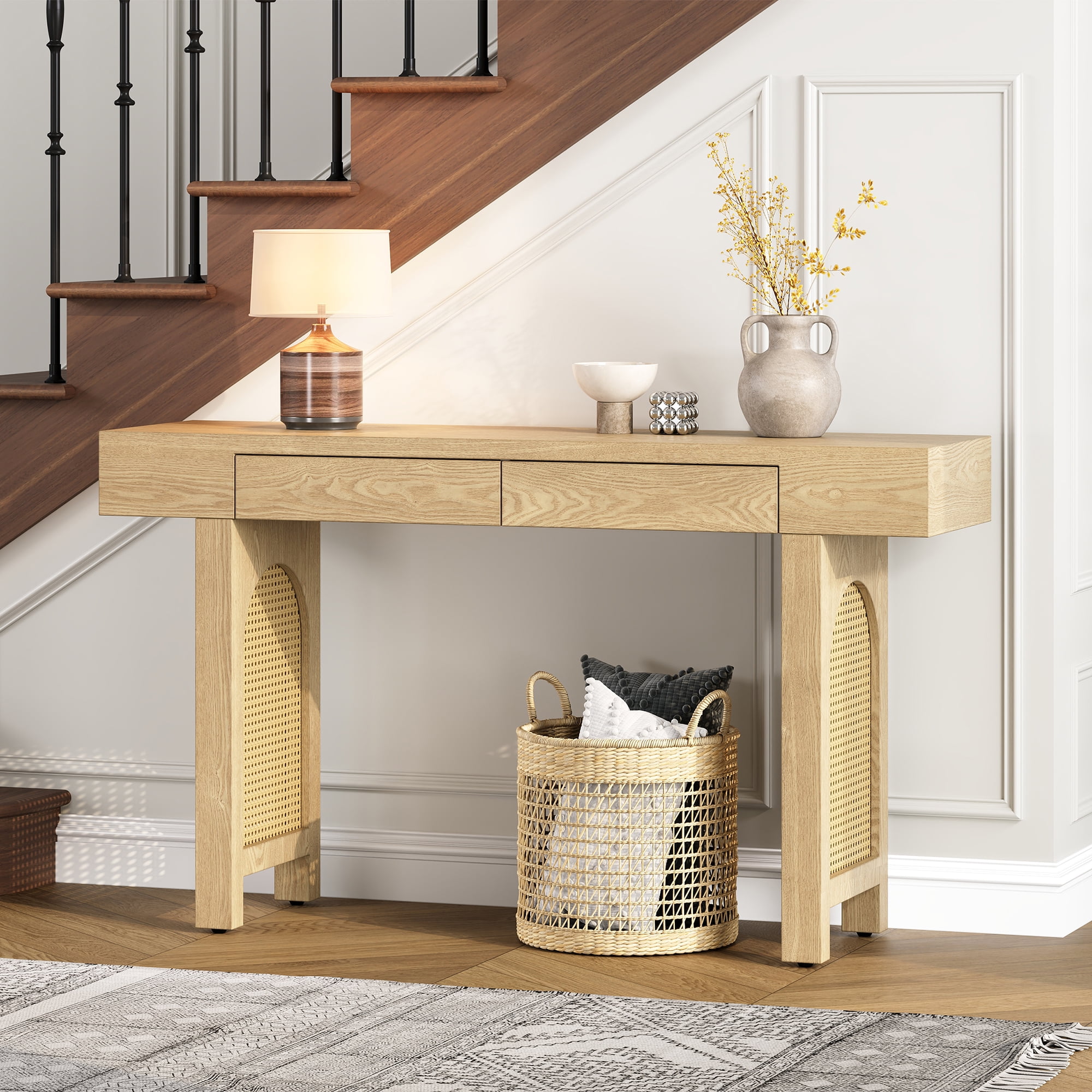 Natural Wood Console Table with Rattan Accents and Storage Drawers