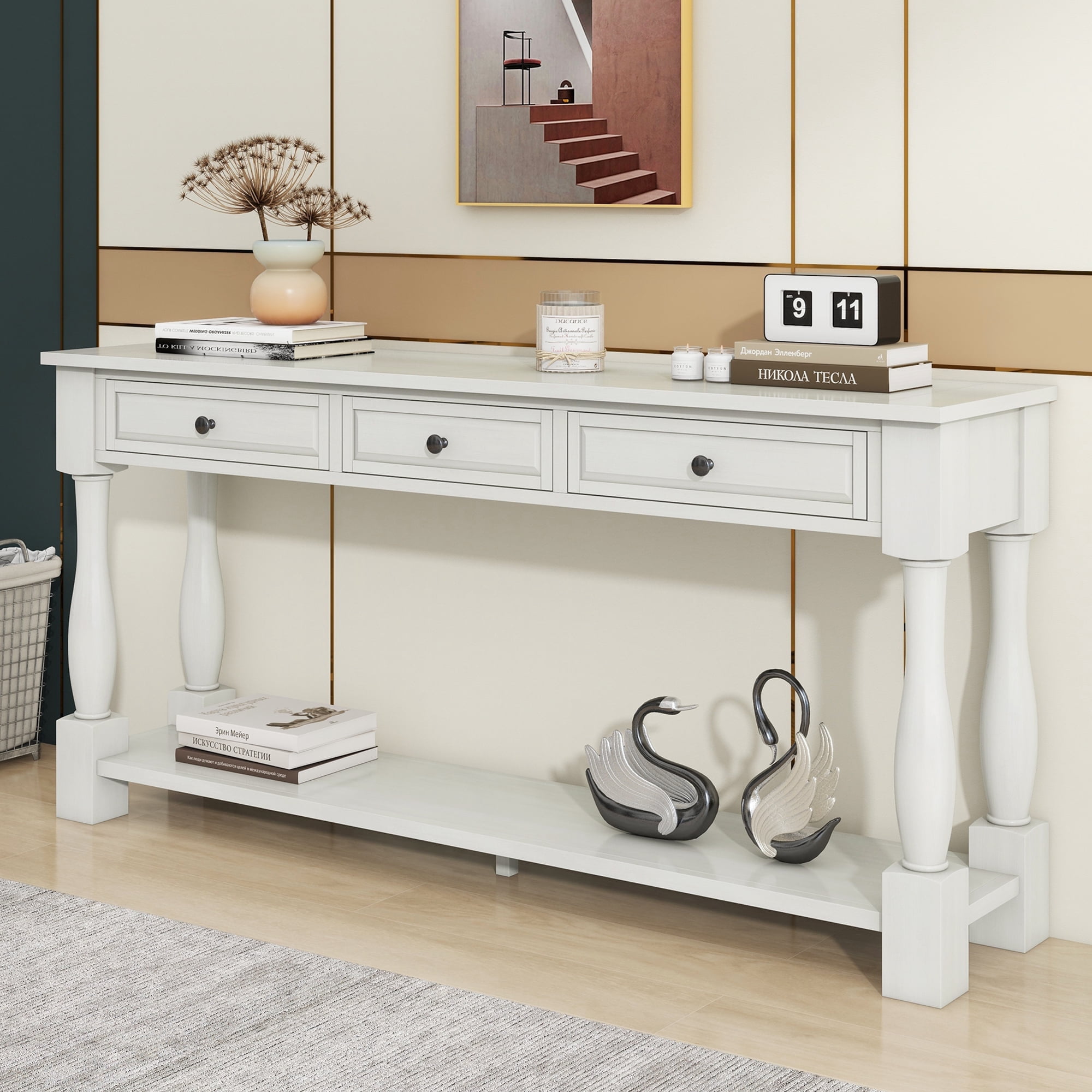 Antique White 63" Solid Wood Console Table with Storage