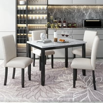 Prehome Faux Marble 5-Piece Dining Set Table with 4 Thicken Cushion Dining Chairs Home Furniture, White/Beige+Black