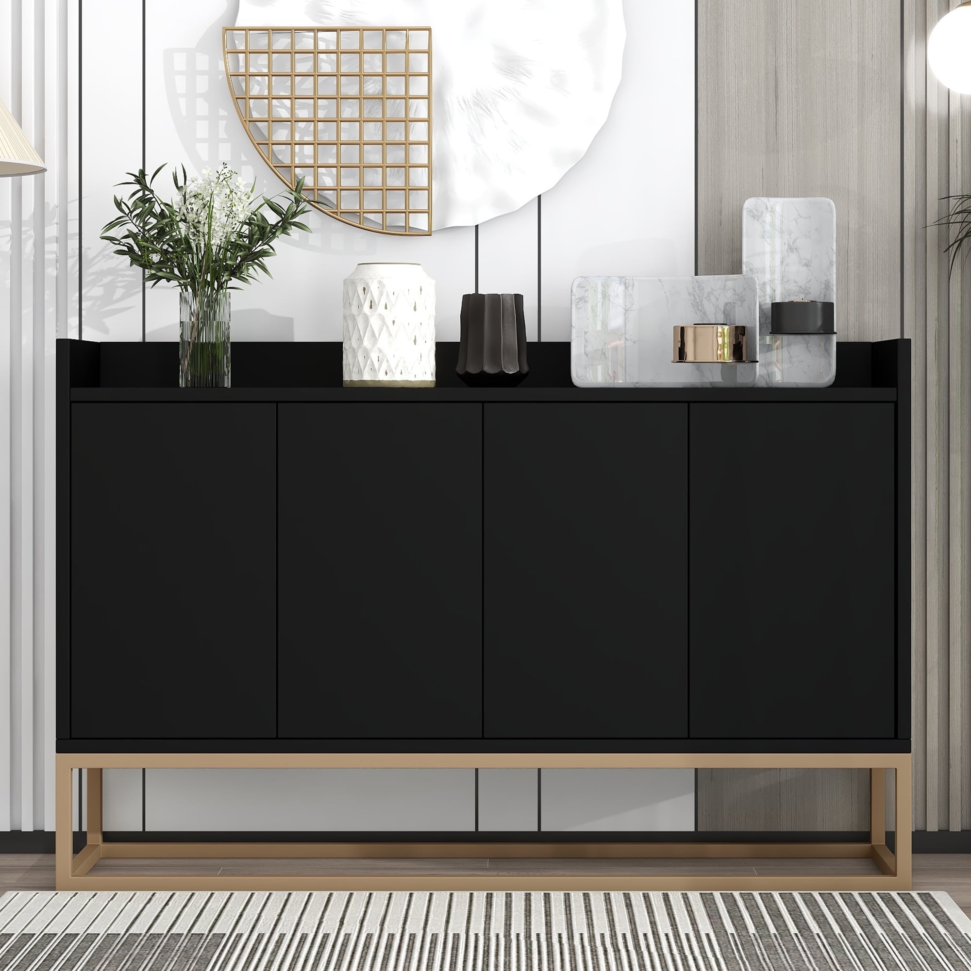 Black Particle Board Modern Sideboard Buffet Cabinet with Metal Base