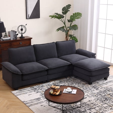 Prelife Sofa Set L-Shaped Sofa with Recliner, Living Room Sleeper Set, 3 Seats, Chenille Double Cushions 109” Wide, Beige