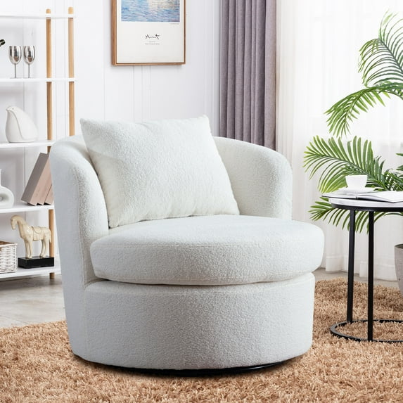 Prelife Swivel Accent Chair with Lamb Wool Fabric for Adult, Plump Pillow, Detachable Cushion, White