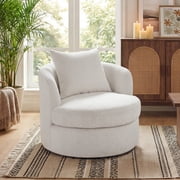 Ebello Swivel Accent Chair, 360  Round Swivel Barrel Chair with Pillow, Widened Upholstered, Lamb Wool Fabric Detachable Cushion for Living Room, White