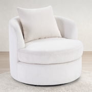 Ebello Swivel Accent Chair, 360° Round Swivel Barrel Chair with Pillow, Widened Upholstered, Lamb Wool Fabric Detachable Cushion for Living Room, White