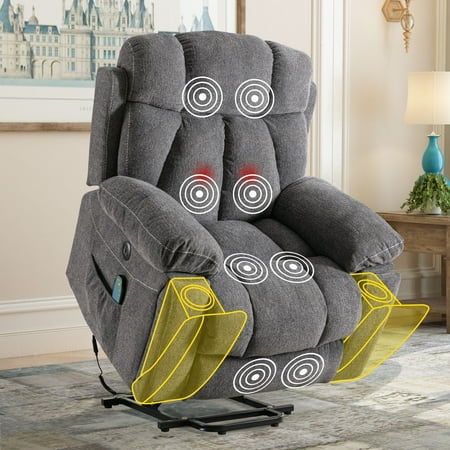 Prelife Ultra-Comfort Power Lift Recliner: Luxurious Elderly Big Man Chair with Heat & Massage, Sturdy Fabric, Side Pockets, and Hidden Cup Holders,Drak Grey