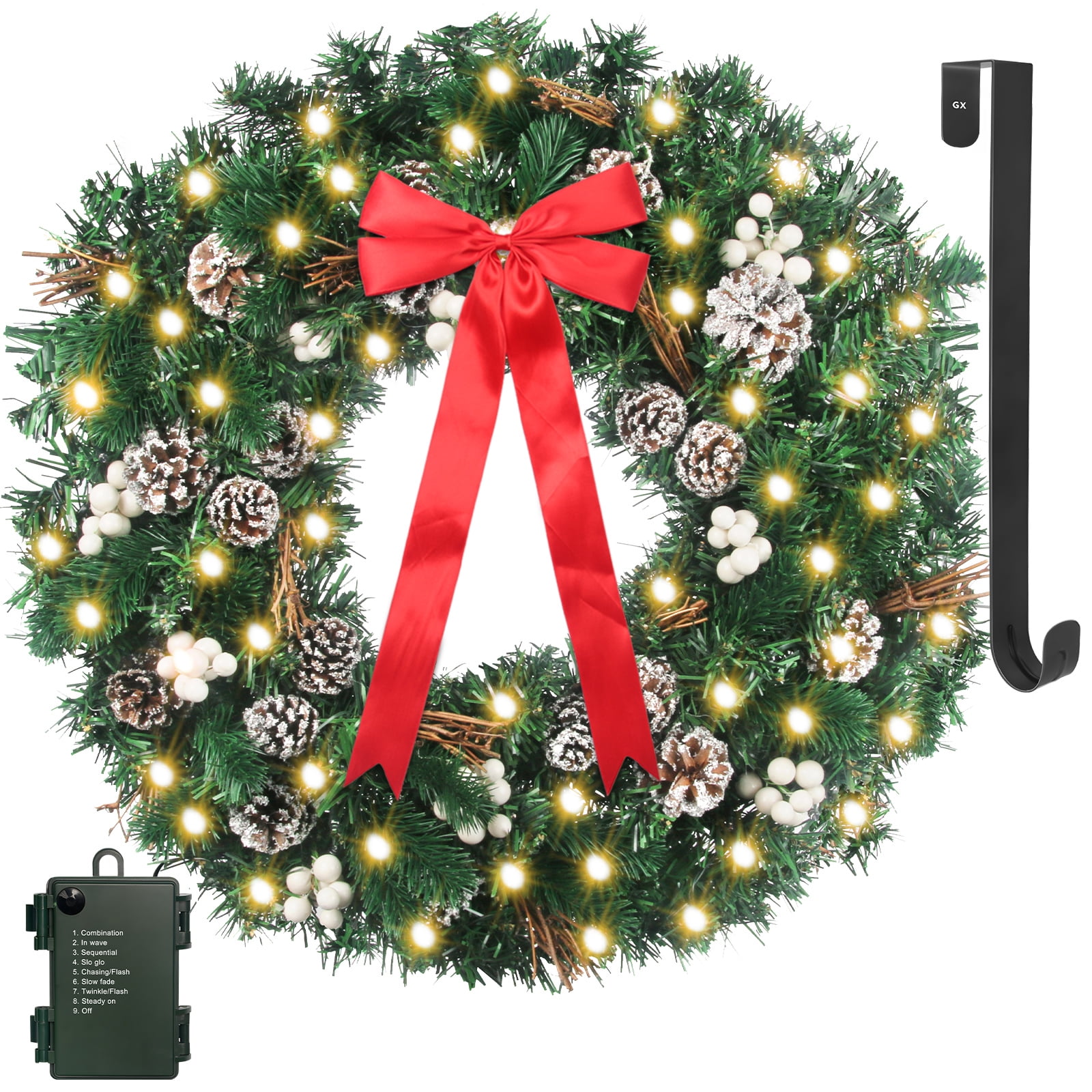 Prelit 24inch Christmas Wreath Battery Operated 50 Warm White Lights