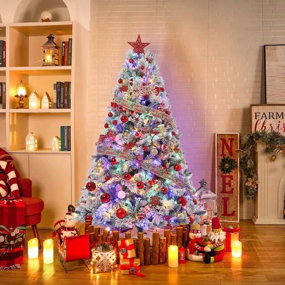 Prelit 6ft Snow Flocked Christmas Tree - Artificial Hinged Tree with 400 LED Lights & 850 Branch Tips for Home Decor
