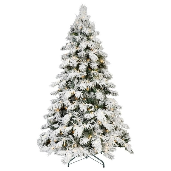 7 Ft Prelit Full White Flocked Fir Artificial Christmas Tree with 360 Warm Yellow Lights and 890 PVC Branch Tips, Metal Stand, Natural Snowfall Effect for Indoor and Outdoor