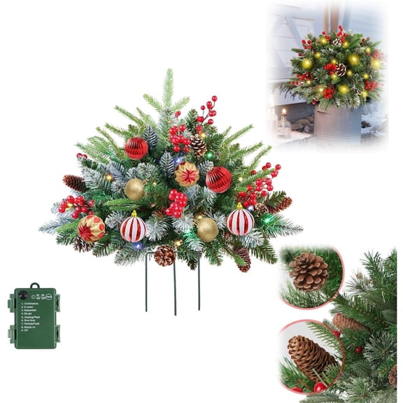 Prelit ArtificialChristmasTreeUrn Filler with 50 Waterproof Timer Lights 8 Functions 60CM PE Courtyard Christmas Tree Red Berries Pinecones Colorful Ornaments Perfect for Home Yard Office