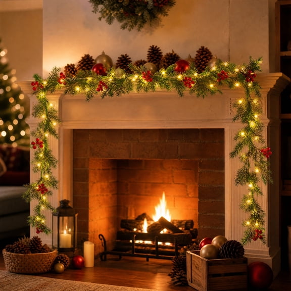Prelit Christmas Garland with Red Berries and Juniper Leaves, 6 ft Battery Operated LED Artificial Green Vine for Doorways, Windows, Mantel and Staircase Decor