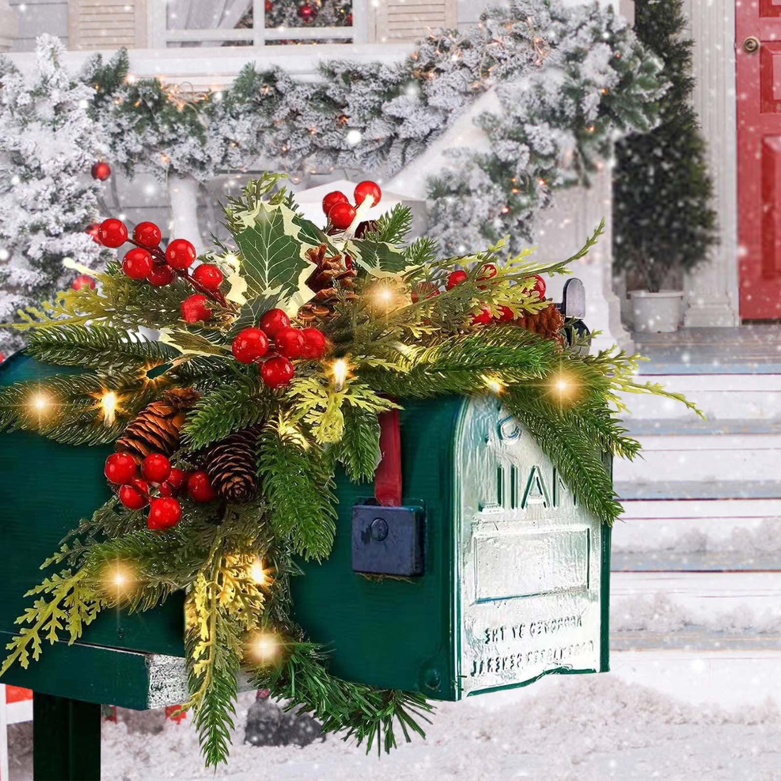 Christmas Outdoor Light Swag Christmas Mailbox Swag With LED Lights - 36”  Pine \u0026 Berry Decor For Outdoor Holiday Cheer Mailbox Wreath Swag, image size:1600x1600