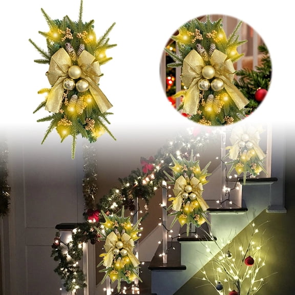 Prelit Christmas Stairs Swag with LED Lights,Cordless Artificial Teardrop Swag Garland with Pine Cones Ball Ornaments for Staircase Front Door Window Wall Hanging Indoor Outdoor Xmas Decor