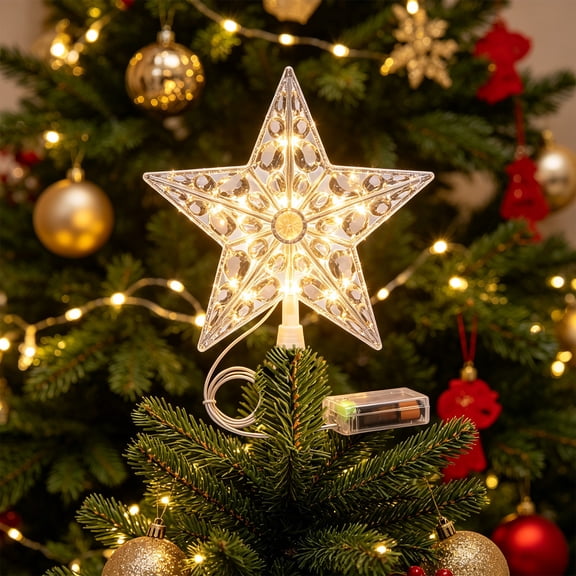 Prelit Christmas Star Tree Topper Five-Pointed Star Tree Topper with Warm White Lights for Indoor Office Xmas New Year Holiday Tree Decoration, Battery Operated