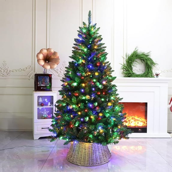 Prelit Christmas Tree Artificial Hinged Xmas Tree with Stand,Multicolor Lights,Decorated for Home Holiday,6FT