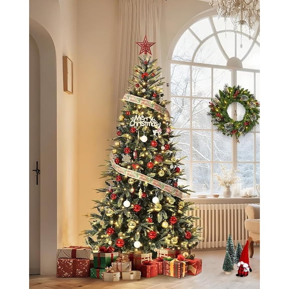 Prelit Christmas Tree with Lights 7ft - Premium Snow Flocked Artificial Xmas Tree,with 1074 Branch Tips and 450 Warm Lightsm,Support Automatique,Perfect Choice for Christmas Decorations