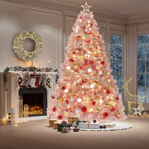 Prelit Christmas Tree, Rose Gold Tinsel Christmas Tree with Warm White Led Lights & Sturdy Stand, Sparkle Xmas Decorations for Homes Offices, Parties