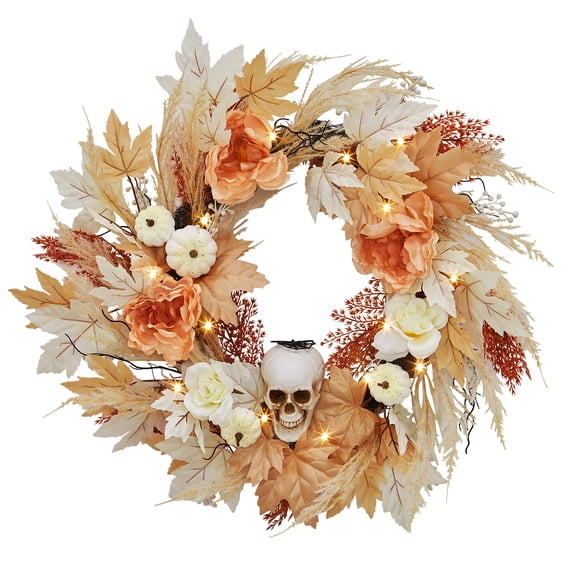 Prelit Halloween Wreath 22 Inch with Bone and Pumpkin Decor Maple Leaves Roses Spooky Fall Indoor Outdoor Wall Porch Window Front Door Decoration