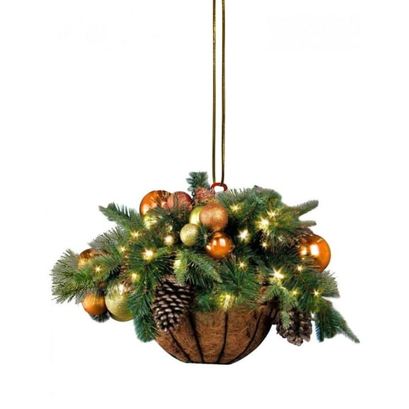 Prelit Hanging Basket with Pine Branches Pinecones Ornaments and LED Lights for Indoor Outdoor Holiday Decor Christmas Display
