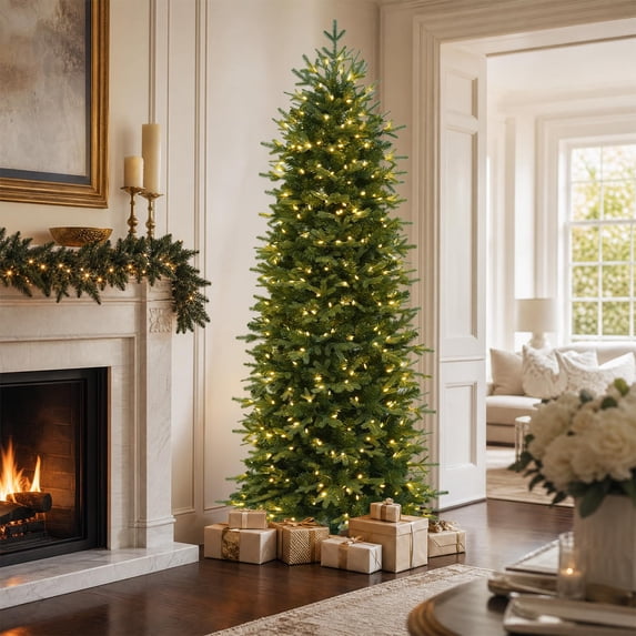 Led Platform Christmas Tree Prelit Pencil Christmas Tree, Warm White LED Lights, Mixed PE & PVC ...