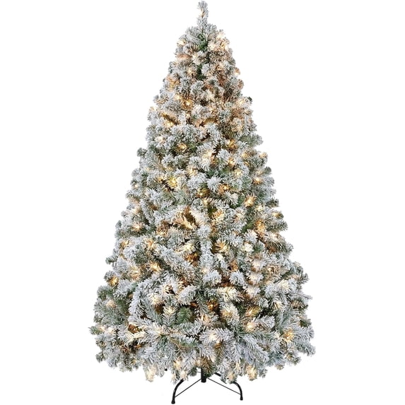 Prelit Snow Flocked Tree 7.5ft, Warm White LED Artificial Xmas Tree with 1321 Tips, Easy Assembly Metal Stand, Home Holiday Decor, White Tree