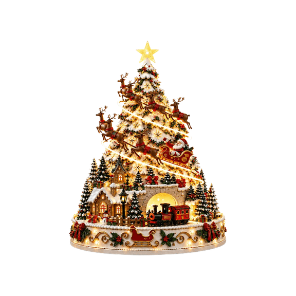 Prelit Tabletop Christmas Tree Decoration with Glowing Village Houses and Train, Multicolor Design, for Dining Table Centerpiece Decor