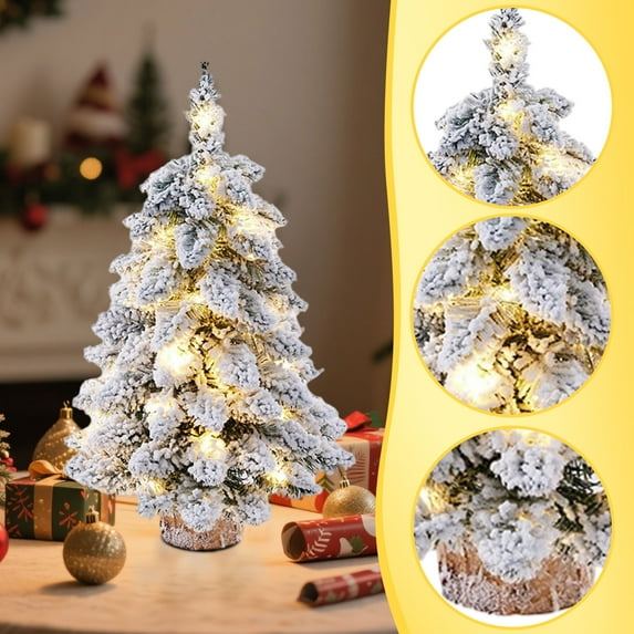 Prelit Tabletop Christmas Tree Snow Flocked Christmas Tree with Led Lights Burlap Base Mini Xmas Pine Tree for Table Desk Home Christmas Decor