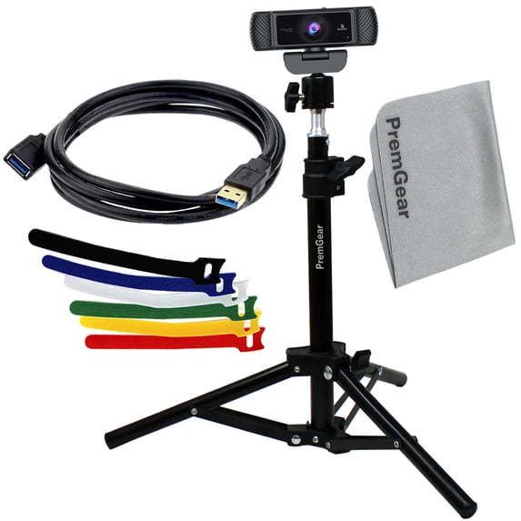 PremGear Bundle for NexiGo N60, N620, N660, N680, N930, N950, N960 & N980 Webcams, Includes; PremGear Extendable Desktop Tripod, USB Extension Cable, 6 Cord Ties & Cloth