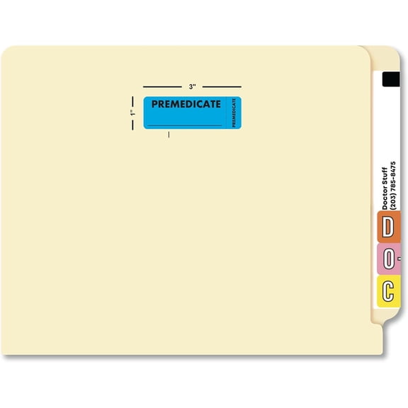 Premedicate Chart Label for Patient Safety Alerts, 3" x 1" Blue/Black, Permanent Adhesive for Medical Charts and Folders, 250 Stickers/Box,
