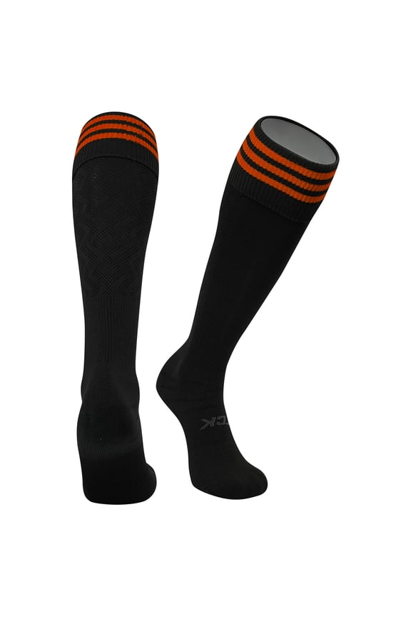 Premier 3-Stripe Soccer Turn Down Top Mesh Back Socks - Black Orange Large