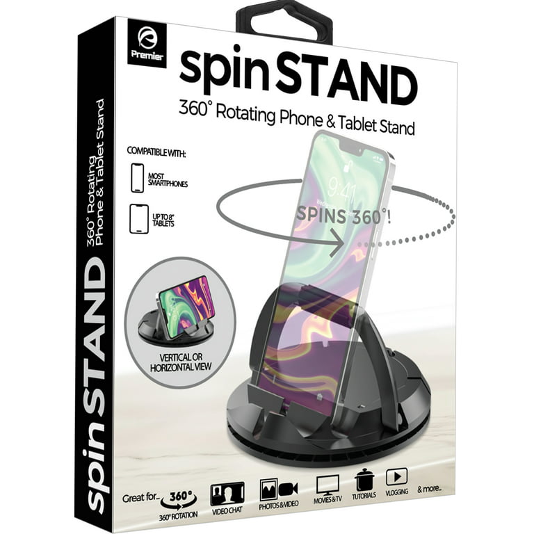 Premier 360° Spin Stand Universal Rotating Phone and Tablet Stand for Home,  Office, Black