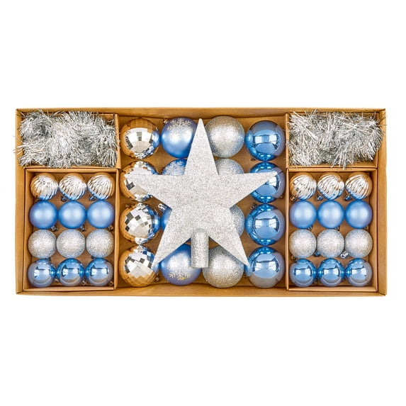 Premier - 54 piece Shatterproof Multipack Baubles, Star and Decoration Set, Light Blue and Silver