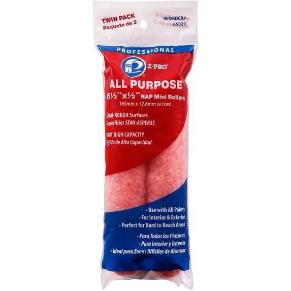 Premier 6-1/2" x 1/2" Nap All Purpose Mini Roller Cover, 2 Pack, 65020