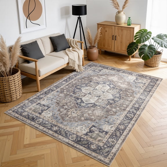 Premier 9x12 Brown Area Rug, Foldable Machine Washable Low Pile Non-Slip Reinforced Edge for Living Room High Traffic with Robot Vacuum Compatibility