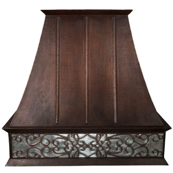 Premier Copper ProductsHV-EURO38S-NB-C2036BP-B 38 Inch 625 CFM Hand Hammered Copper Wall Mounted Euro Range Hood with Nickel Background Scroll Design and Baffle Filters