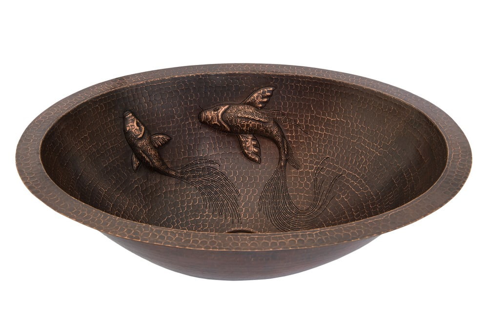 19" Oval Hammered Copper Undermount Sink with Koi Fish Design