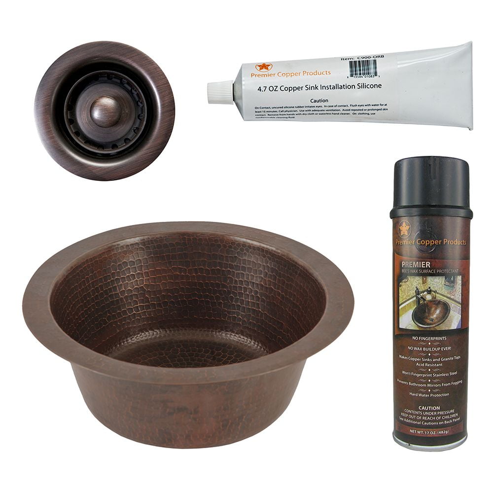 Round Hammered Copper Bar Sink with Oil Rubbed Bronze Drain