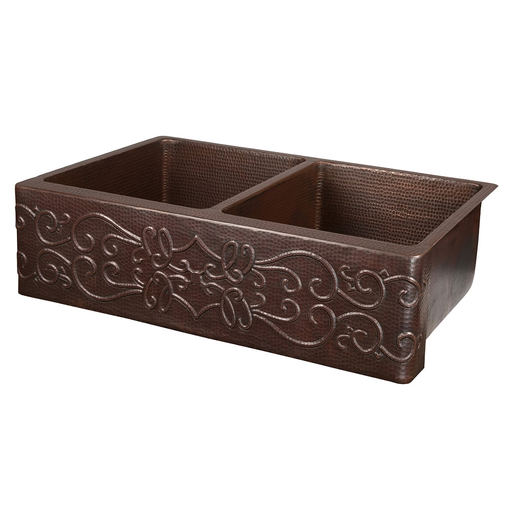 33" Hammered Copper Farmhouse Double Basin Kitchen Sink with Scroll Design