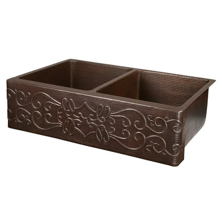 Premier Copper Products Ka50db33229s Copper Hammered Kitchen Double Basin Sink - Bronze
