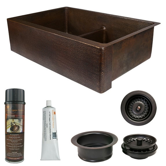 Premier Copper Products KSP3-KA60DB33229-SD5 33 in. Hammered Copper Kitchen Apron 60 by 40 Double Basin Sink with Short 5 in. Divider with Matching Drains & Accessories - Oil Rubbed Bronze
