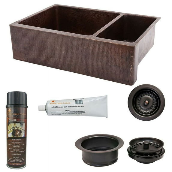 Premier Copper Products Ksp3_Ka75db33229 33" Farmhouse Double Basin Copper Kitchen Sink -
