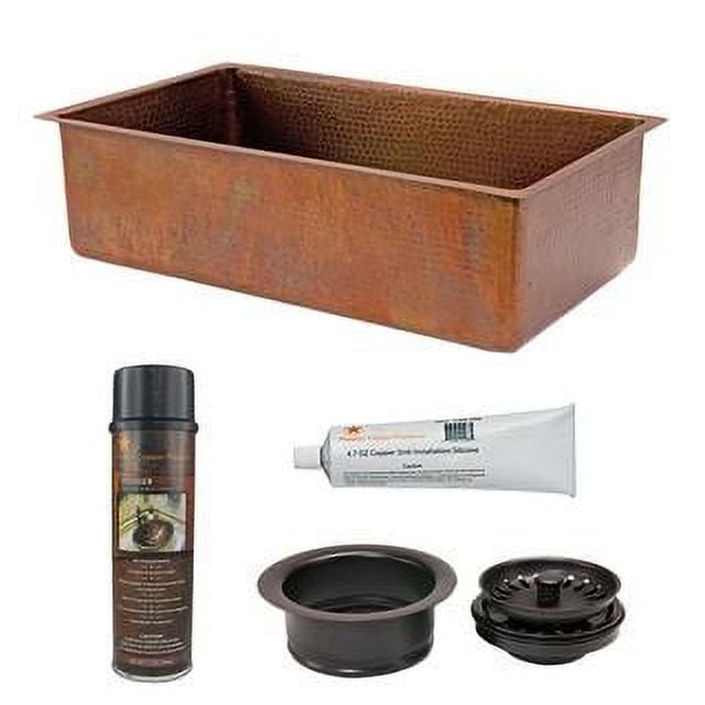33" Antique Hammered Copper Farmhouse Kitchen Sink with Accessories