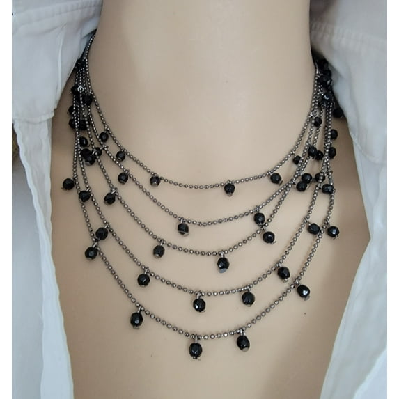 Premier Designs Layered Gunmetal Tone Ball Chain Black Beaded Multi Strand Necklace For Women